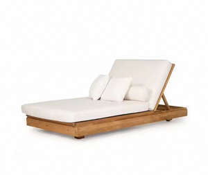 Chaise longue double en teck massif avec coussins en tissu blanc moelleux, design moderne, mobilier de jardin pour extérieur et bord de piscine - Product Image 6