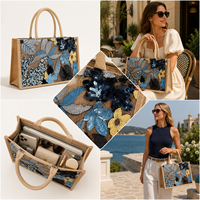 Sac fourre-tout en jute tissé sur mesure avec broderie florale à sequins | Sac à main en paille pour les vacances, sac de plage d'été |   Échantillons en 7 à 10 jours