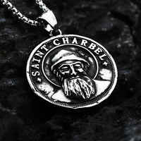 Pendentif Médaillon Géométrique en Acier Inoxydable Saint Charbel, Perles Carrées Biseautées, Collier Religieux Unisexe, Pendentifs Thématiques pour Hommes