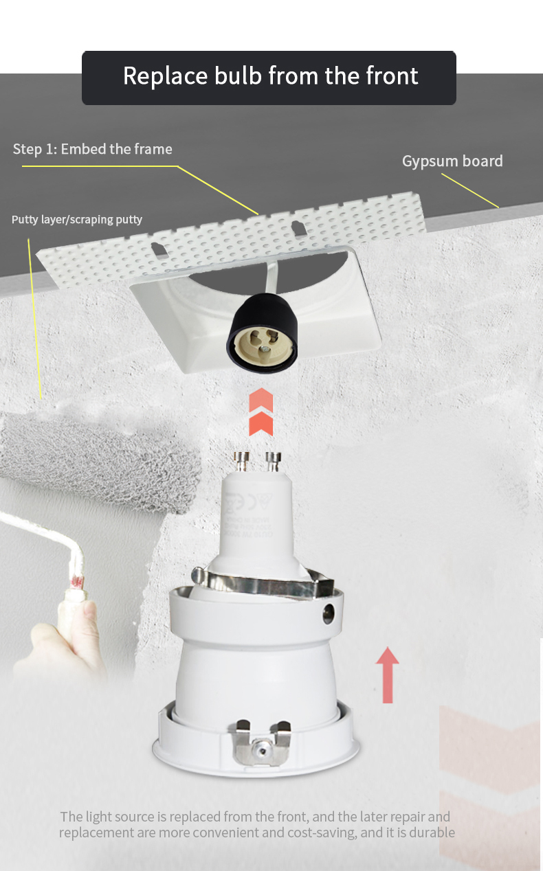 GU5.3 125mm Anti Glare Spotlights Adjustable Trimless Square Recessed Lighting