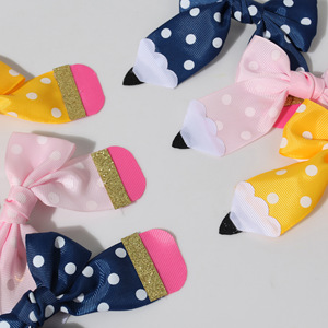 School Pencil <b>Bow</b> Hair <b>Clips</b> Polka Dot Grosgrain Ribbon Barrettes Cute Girls Kids Hair Accessories For School Season - Product Image 5