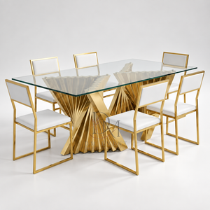 Mesa de Comedor Rectangular de Vidrio y Acero Inoxidable Dorado de Alta Gama con Base Escultural en Forma de Abanico para Proyectos de Banquetes - Product Image 1