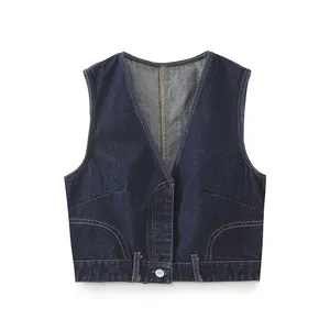 V Cổ Denim Màu Xanh Màu Phía Trước Nút Thời Trang Giản Dị Jeans Vest Áo Ghi Lê Cho Phụ Nữ