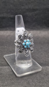 Turquoise Gemstone Sterling Silver Flower Ring Elegant Womens Jewelry Gift - Product Image 2