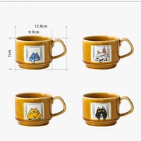 Mug en céramique vintage à glaçure effet four, motif chat de dessin animé mignon, tasse à café, thé, lait, empilable, faite à la main, cadeau sûr et disponible en stock