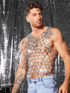 Canottiere con stella re Mcgreen Top da <span class=keywords><strong>uomo</strong></span> a rete con muscolatura lucida trasparente gilet con paillettes rotondo senza maniche indumento da discoteca per feste - Product Image 5