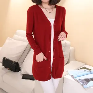 Senhora Suéter de lã de Moda de médio longo outerwear casaco de Cashmere Cardigan Mulheres camisola solta para o sexo feminino com bolsos