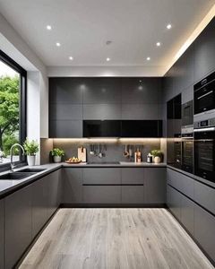 Cuisine modulaire de luxe de type C avec finition en marbre, panneaux en bois, rangement intelligent et intérieur moderne élégant - Product Image 1