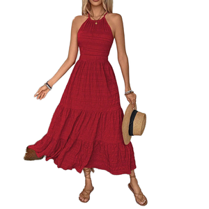 Red Halter Sleeveless Maxi <b>Dress</b> A-Line <b>Boho</b> <b>Summer</b> Casual Breathable Woven Solid Tiered Layered Hem Women's <b>Dress</b> - Product Image 1