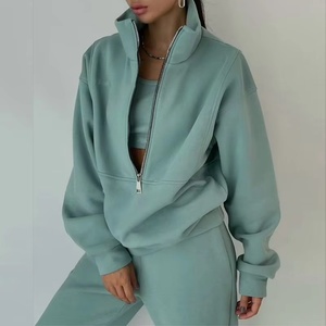 Conjunto de chándal de punto para mujer con logo frontal personalizado, media cremallera, de peso pesado, para invierno, sudadera y pantalón de chándal, informal, antiencogimiento, tallas grandes - Product Image 1