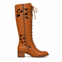 Bottes hautes marron à lacets découpées pour femmes, talon carré, chaussures de mode, vente en gros, fournisseur d'usine OEM ODM, partenaire