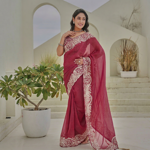 Wine <b>Red</b> Organza <b>Saree</b> Heavy Cutwork Embroidered Border Indian Ethnic Party Wear Sarees Bulk Supply - Product Image 1