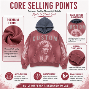 Rhinestone Graphic <b>Hoodie</b> Acid Washed <b>Red</b> Cotton Pullover Contrast Hood Oversized Fit Distressed Streetwear Custom Men <b>Hoodie</b> - Product Image 3