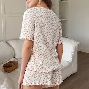 QINSI ressorts vêtements à volants pyjamas col rond manches courtes vêtements <span class=keywords><strong>de</strong></span> salon Pointelle imprimé fleuri Pj ensembles pour femmes <span class=keywords><strong>chemise</strong></span> <span class=keywords><strong>de</strong></span> <span class=keywords><strong>nuit</strong></span> - Product Image 3