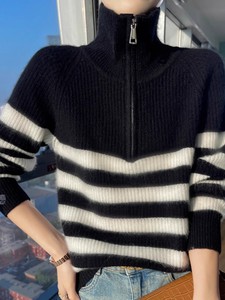 2025 Custom Cashmere Knitted Women Strip Half-zip Cashmere Women <strong>Sweater</strong> - Product Image 4