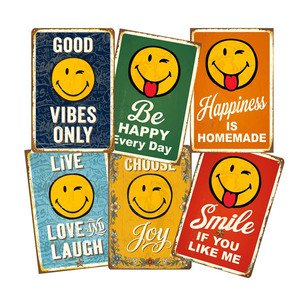 Papan Logam Vintage Retro Bertuliskan Live Love and Laugh Wajah Tersenyum Biru Dekorasi Dinding Grosir Kustom Plat Logam Kecil - Product Image 1