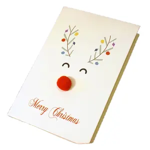 Großhandel benutzer definierte Druck Logo 3D wollige rote Nase Weihnachten Elch Elch Wunsch Geschenk papier Gruß karte