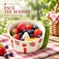 Bol de service en céramique avec poignée, motif fraise, pour salade de fruits, céréales, soupe, pour la maison, la cuisine, la vente au détail, OEM personnalisé