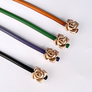 เข็มขัดหนังแท้สำหรับผู้หญิงขนาด 1 ซม. ลายดอกไม้ หัวเข็มขัดโลหะผสม - Product Image 2