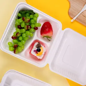 Boîte à déjeuner jetable de canne à sucre, prix d'usine, emballage en papier biodégradable et écologique à 3 compartiments