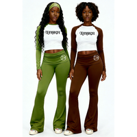 Fabrika Kadınları Nefes Alabilen 3 Parçalı Set Raglan Kollu Crop Top Katlamalı Yüksek Bel İspanyol Paça Pantolon ve Saç Bandı Y2K Günlük Kıyafet