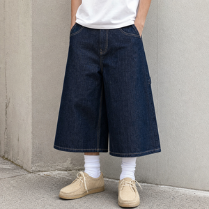Pantalones cortos <span class=keywords><strong>de</strong></span> mezclilla para <span class=keywords><strong>hombre</strong></span>, personalizados, <span class=keywords><strong>de</strong></span> pierna ancha, azul oscuro, hasta la rodilla, corte holgado, lavado vintage, bajo sin rematar, estilo <span class=keywords><strong>Bermuda</strong></span> 3/4 - Product Image 1