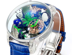 Orologio di Design Jacob and Co Panda Tourbillon con Diamanti Taglio Baguette Movimento Meccanico Cinturino in Pelle e Moissanite - Product Image 4