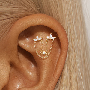 Pendientes de Plata Sólida S925 con Borla Geométrica, Cadena y Zirconia, con Cierre de Rosca Plano, Diseños Variados - Product Image 6