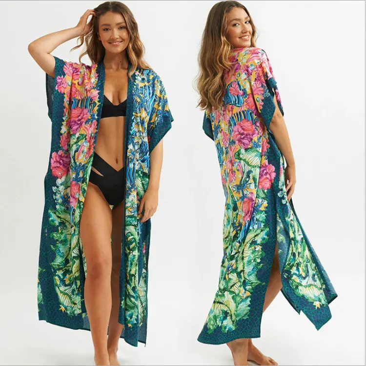 Kimono plaj 2021 toptan rahat çiçek baskı uzun hırka Chifong kadın giyim Kimono plaj Cover Up elbise