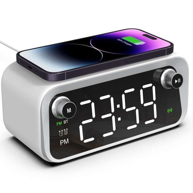 Wholesale Multifunctional Wireless Fast Charging Music Speaker Digital Time Display Desk Table Alarm Clock With Lamp Plastic Telefonos 5.0 Customized