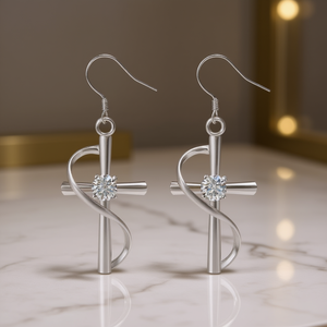 Orecchini pendenti a croce in argento con cristalli e strass incastonati a griffe per donne, ideali per cerimonie religiose - Product Image 2