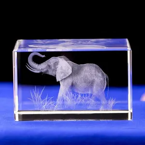 3d Laser Inner Glass Cube Elephant Figurines Crystal Cube Block Animals Educational Gift Toys For Kids