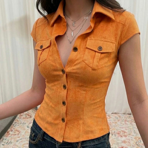 Blusa de Manga Corta Estilo Vintage para Mujer, Nueva Llegada de Verano, Cuello Solapa Simple, Bolsillos, Camisa Informal para Oficina y Trabajo - Product Image 4
