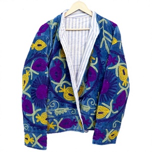 Premium ART&ART Indian Handmade Embroidered Eco-Friendly Quick Dry Floral <b>Velvet</b> Jacket Unisex Cotton Stripe Winter New - Product Image 1