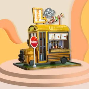 酷儿童益智玩具摩擦黄色食物巴士汽车Diy组装块玩具