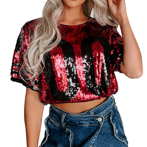 Haut en jersey à paillettes brillantes personnalisé pour jeunes filles, crop top court avec manches bouffantes rayées scintillantes, t-shirt de cheerleader - Product Image 6