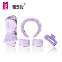 Ensemble Bandeau et Bandeaux de Poignet Doux Rose Spa en Microfibre Moelleuse avec Nœud, Grandes Pinces à Cheveux, Kit d'Outils de Maquillage et Soins de la Peau