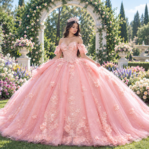 Robe de Quinceañera de luxe Xybb01-Pz en mousseline rose pêche, taille naturelle, buste drapé, corset perlé, applique florale 3D, paillettes, coupe boule - Product Image 1