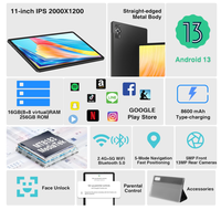 Tablette PC Android 13 de 11 Pouces 16Go RAM 256Go ROM TF 1To Octa-Core 2.0GHz Google GMS WiFi 5G