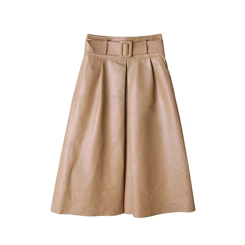 1363 New Fashion Belt Snowflake Sheepskin Large Swing Midi Skirt High Waist Genuine Leather Umbrella Skirt