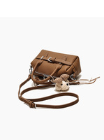 Mini sac Boston cylindrique pour femme en cuir végétalien motif litchi, sac à bandoulière avec breloque chiot, fermeture éclair à sangle unique