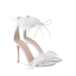 Nouvelles sandales sexy à talons hauts avec lanière à la cheville en plumes et fourrure, chaussures habillées à talons aiguilles en plumes d'autruche pour femmes - Product Image 6