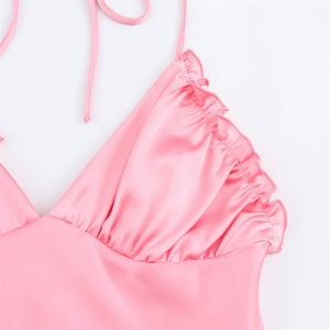 Summer Woven <strong>Satin</strong> Women's Casual <strong>Halter</strong> Neck A-Line Midi Sexy Backless Streetwear Solid Color Dress for Vacation Party - Product Image 5