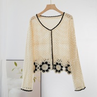 Cárdigan de encaje de ganchillo estilo bohemio, cárdigan de punto sexy bordado con diseño calado para mujer, top versátil de manga larga para verano
