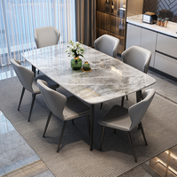 Ensemble de table à manger Hanyee Luxury Slate avec 6 chaises, style acier carbone noir, table en marbre, mobilier moderne