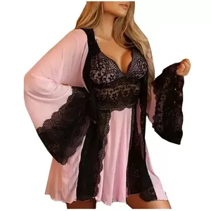 S-XL Sexy Lace Sleepwear Two-piece Silk Robes Nightgown Sets Sleepwear Pajama Night Suits Dress Nightgown Sets Long Sleeve