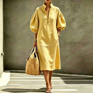 Robe en lin jaune sur mesure OEM, col montant, manches bouffantes, demi-fermeture éclair, kaftan ample, élégante, pour femme, été, décontractée, longueur midi - Product Image 1