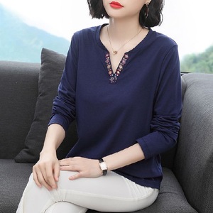 Women's Embroidered V-Neck Long Sleeve T-Shirt Blue Knitted Base <b>Layer</b> <b>Top</b> Everyday Wear - Product Image 1