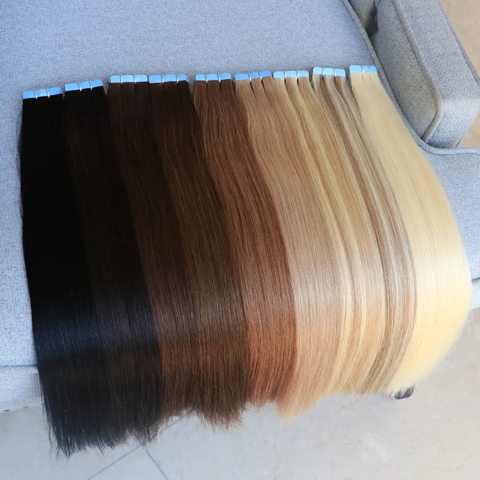 Extensions de cheveux naturels lisses blonds, bande adhésive Invisible sur trame, faites à la Machine, couleur noir, blond, 12 à 24 pouces