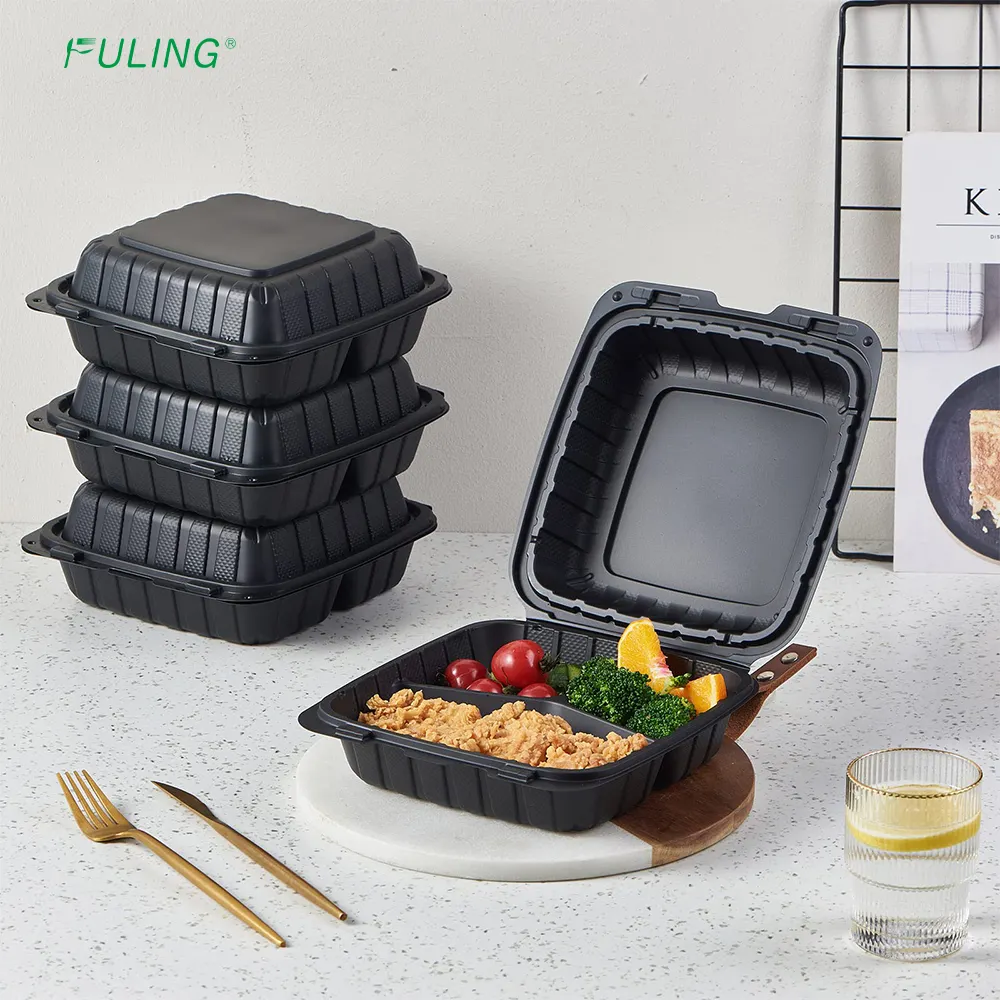 8x8 9x9 Black Disposable Plastic Clamshell Food Container Box Packaging Hinged Lid Duel Color Food Containers To Go